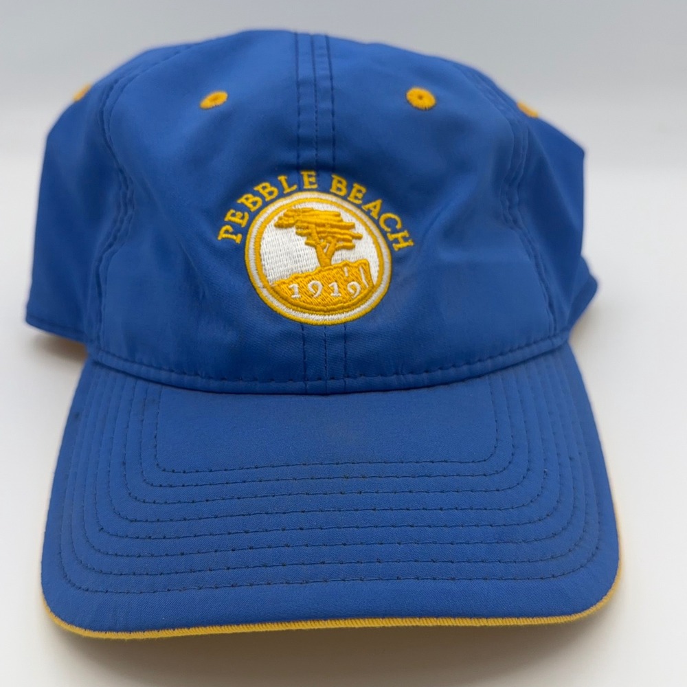 The Game Pebble Beach Golf Hat Unisex OSFM Blue Yellow 1919 Lone Cypress Logo